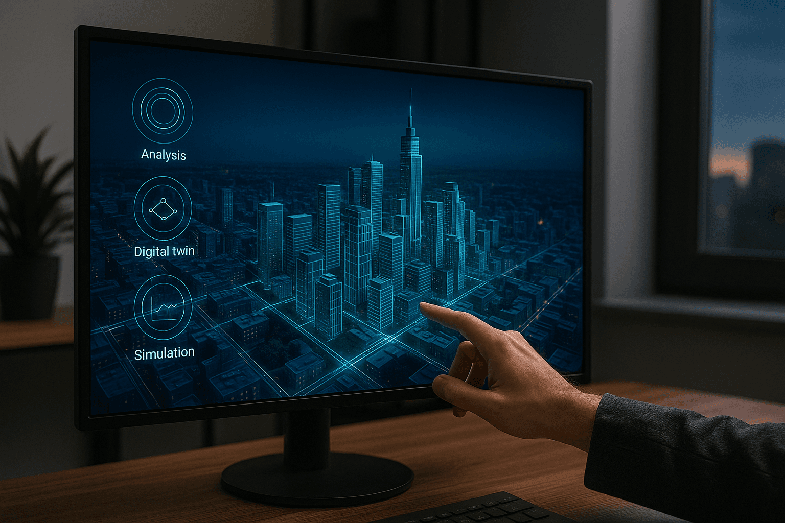 Digitaler Zwilling einer Stadt mit Analyse- und Simulationsansicht auf einem Monitor